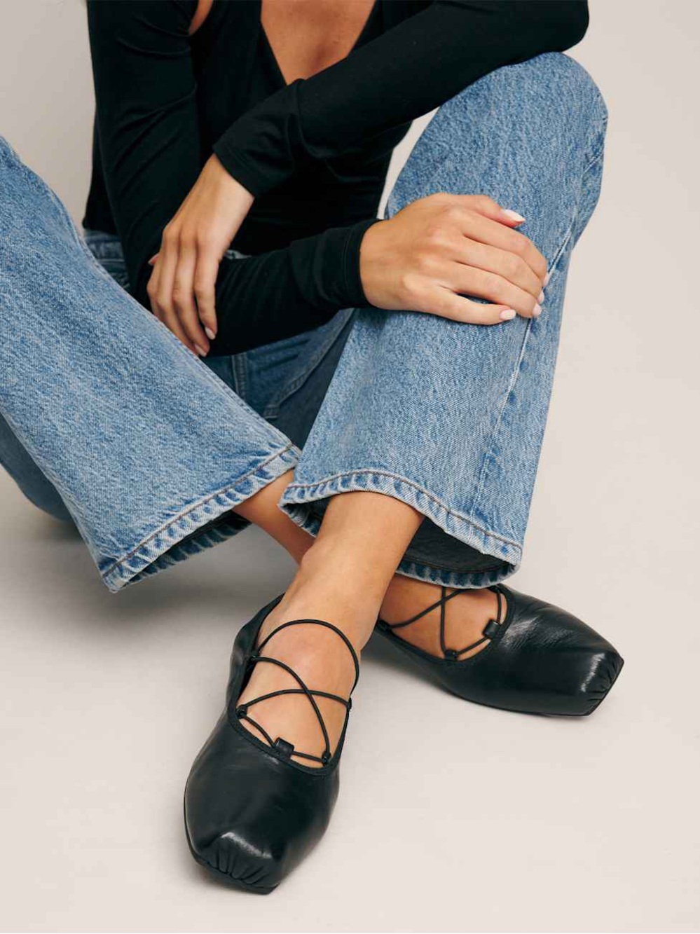 Reformation Barbara Ballet Flat in Black Leather | Size 5